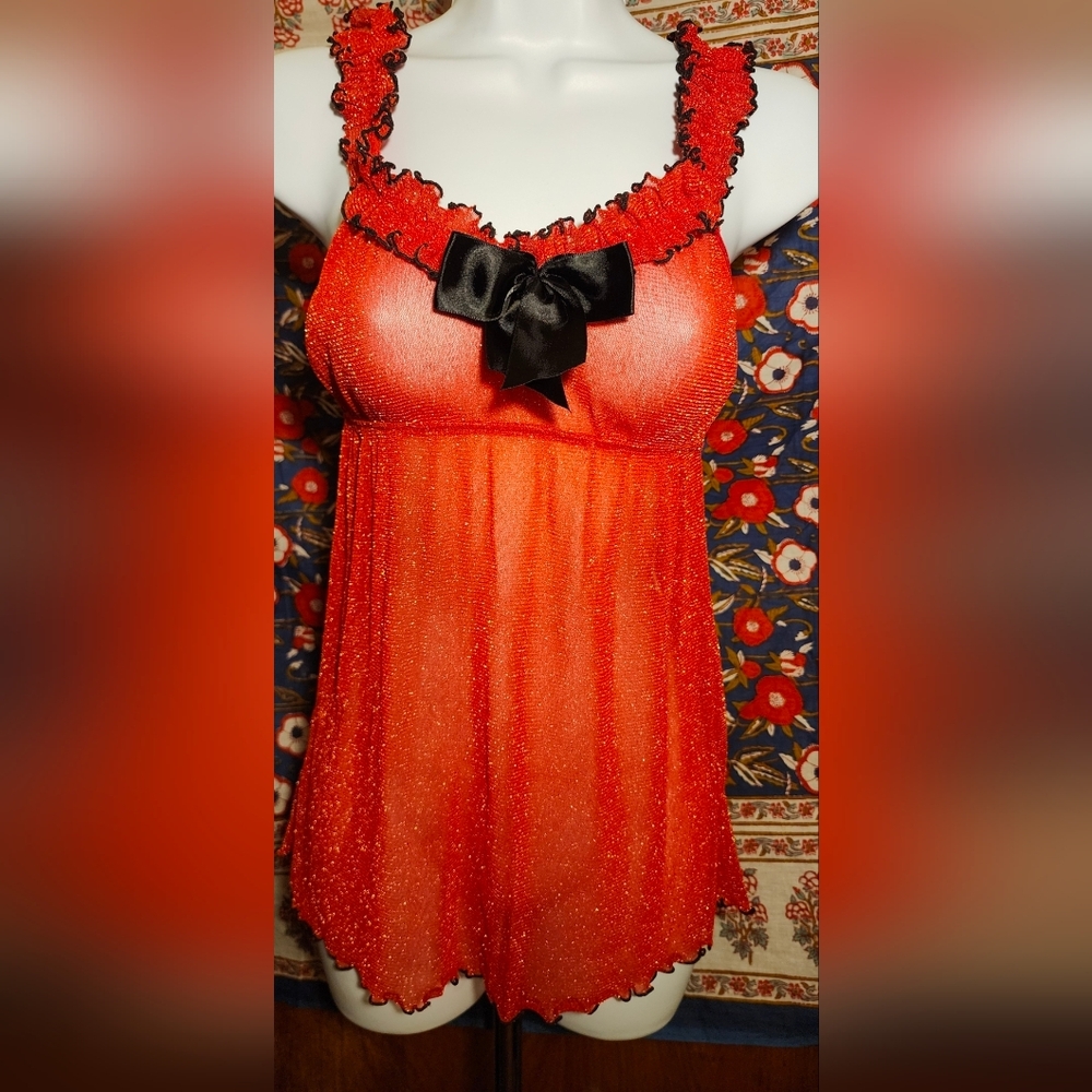 Red Lace-Trim Chemise with Black Satin Bow